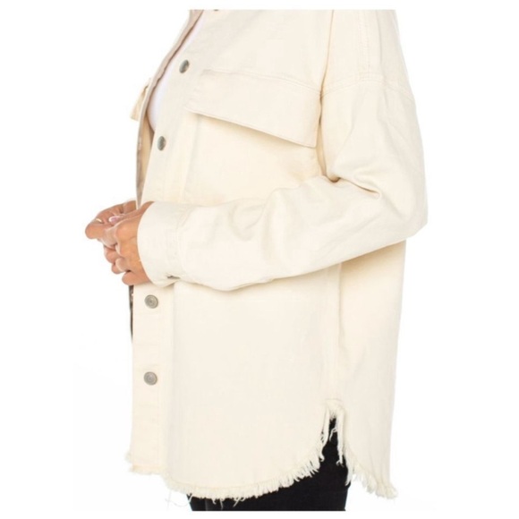 Celebrity Pink Cream 100% Cotton Denim Frayed Hem Shacket Shirt Jacket - Picture 2 of 7